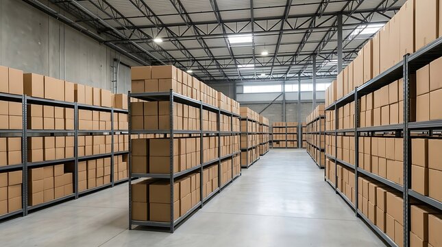 Industrial storage warehouse with multiple rows of shelving units stacked with cardboard packages for shipping and distribution services