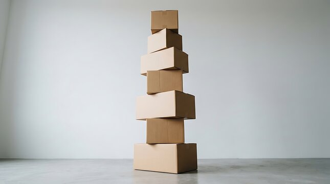 A tall, precarious stack of cardboard boxes balanced carefully on a concrete floor in an empty room