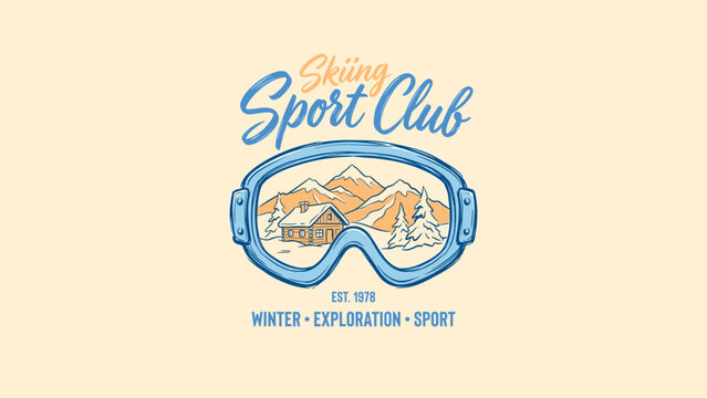 Vintage Skiing Sport Club Logo with Blue Goggles Reflecting a Mountain Landscape and Cozy Log Cabin, Retro Winter Exploration Badge for Alpine Travel and Outdoor Snow Sports Tourism.