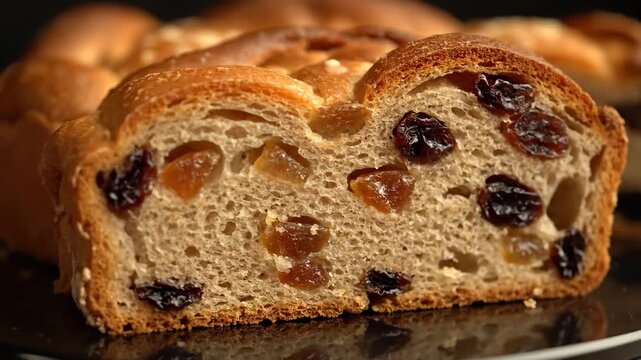 Close-up detail of fresh baked raisin bread loaf slice on a dark reflective surface. Sweet holiday pastry or breakfast food texture.