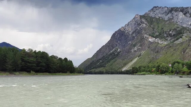 Slow motion video of Altai river Katun. Natural mountain landscape in Summer season.