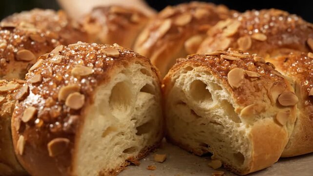 Close-up of Glossy Braided Sweet Bread Topped with Sliced Almonds and Crunchy Pearl Sugar, Freshly Baked and Ready for Breakfast or Holiday Celebrations