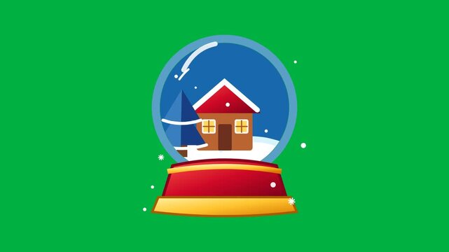 Festive snow globe animation featuring a miniature cabin and evergreen tree isolated on green screen background for video project motion