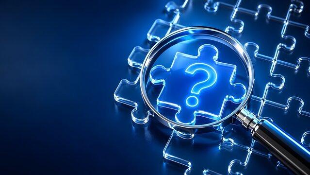 Magnifying glass focusing on a glowing question mark jigsaw puzzle piece highlighting problem solving, investigation, and finding missing information.