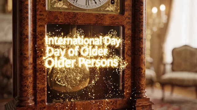 Elegant vintage grandfather clock in classic interior with golden glowing text celebrating International Day of Older Persons and passing time