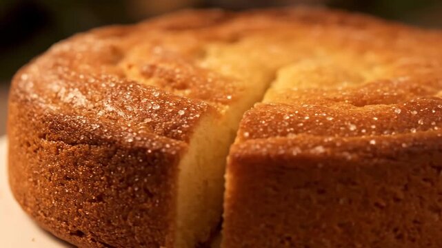 Close-up macro shot of the golden brown crust and textured surface of a freshly baked homemade cake sprinkled with coarse sugar crystals.