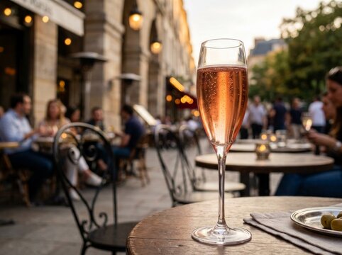 Sparkling ros? wine on a round table in a lively street cafe