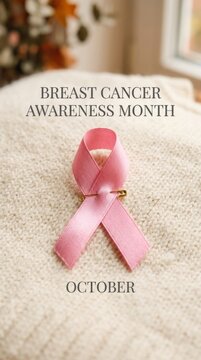 Breast cancer awareness month with ribbon on knitted fabric