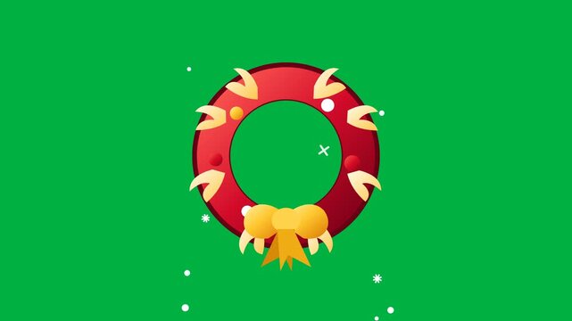 Decorative christmas wreath animation featuring vibrant red colors with gold bows and floating winter snow elements in motion video clip