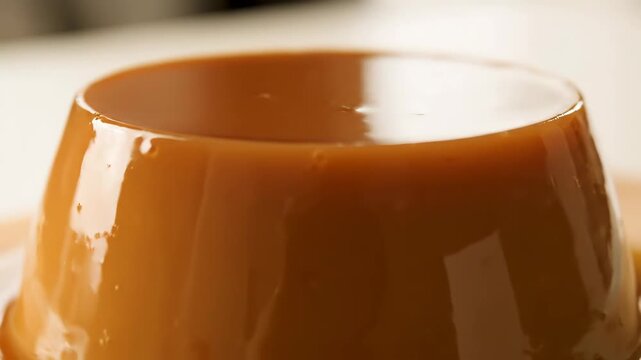 Extreme Close-Up of Glistening Caramel Pudding Dessert. Smooth and Glossy Texture of Flan or Cr&egrave;me Caramel with Rich Amber Sauce.