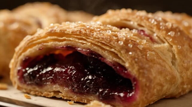 Close-up of Sweet Flaky Pastry Braided Danish or Strudel Topped with Rock Sugar and Filled with Red Berry Jam