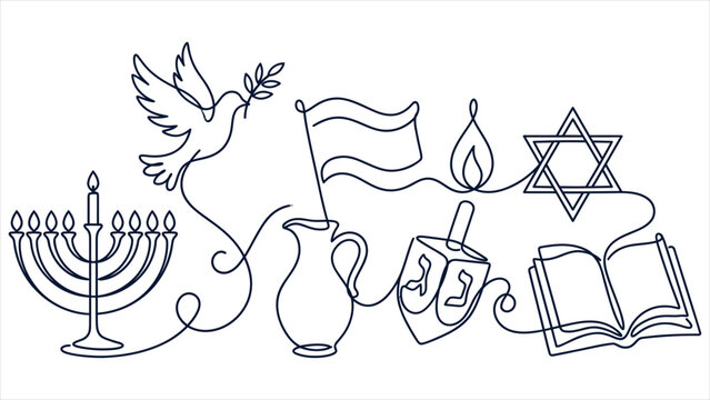 Minimalist Jewish Hanukkah Symbols in One Line Drawing Style