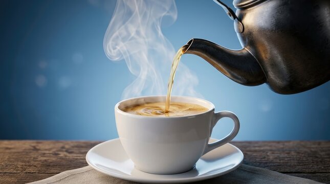 Hot coffee being poured from a metal kettle into a white ceramic cup with rising steam on a rustic wooden table against a blue background