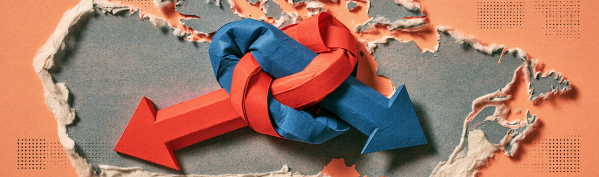 Canada's Trade Impasse: Red and blue arrows are tied in a knot over a map of Canada, symbolizing a complex economic or political deadlock and the challenges of international relations.