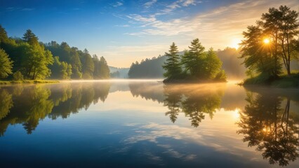 Obraz premium Serene lake at sunrise with gentle ripples on its surface