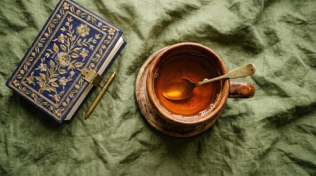 Vintage leather journal with ornate gold embossed cover and a brass pen placed next to a ceramic cup of tea on a wrinkled green linen cloth