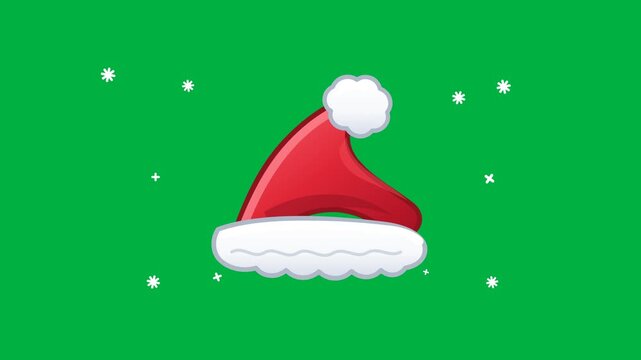 Festive Santa hat animation features soft white pompom and fluffy trim against vibrant green backdrop in this motion video clip