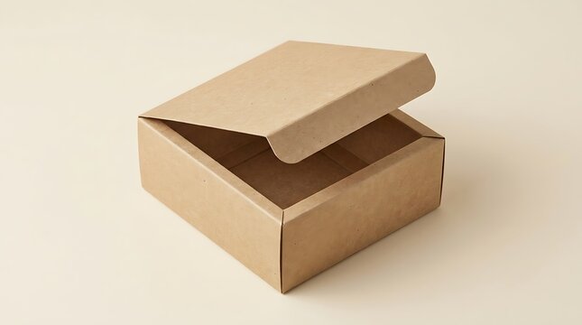 Empty kraft paper cardboard box with slightly open lid on neutral background