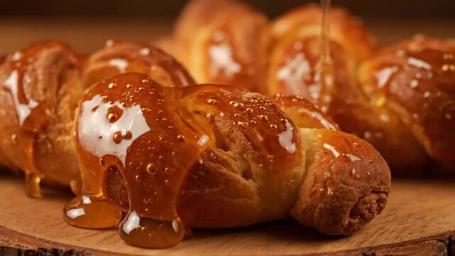 Close-up shot of golden honey slowly drizzling and dripping onto a freshly baked, shiny braided sweet bread (challah or brioche) on a wooden cutting board, capturing the perfect texture and flavor.