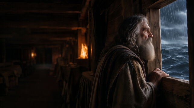 Noah looking out the ark wooden window at stormy ocean during the biblical flood, dramatic side profile of elderly man with beard in dim torchlight.