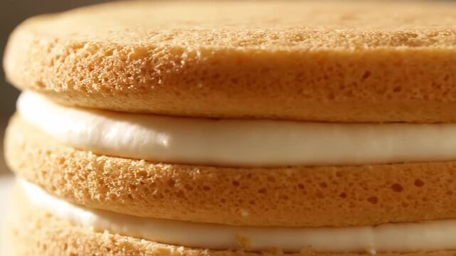 Macro close-up view of stacked sponge cake layers with thick, white whipped cream filling, showcasing the porous texture of the baked dessert base.