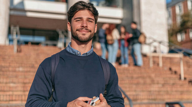 Confident Student on Campus: A smiling young man, possibly a student, stands confidently on steps outside a building, holding a small object, with other people blurred in the background.
