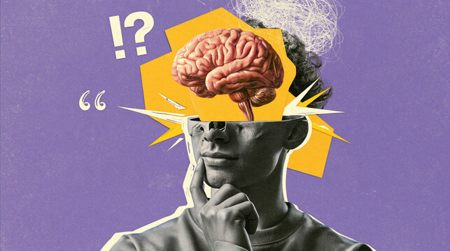 Cognitive Overload: A stylized illustration depicts a person's head exploding with abstract thought, featuring a prominent brain graphic surrounded by question marks, exclamation points.
