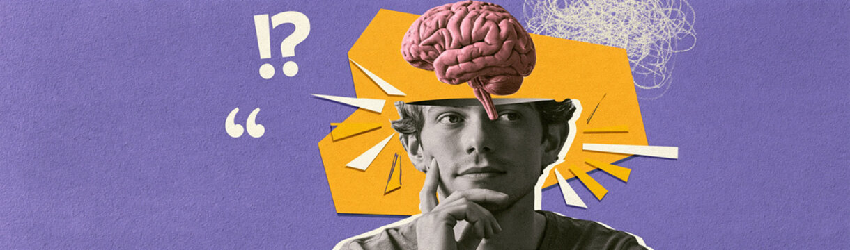 Brainstorming Ideas: A thoughtful man with a brain emerging from his head, surrounded by symbols of thought and confusion, representing the creative process and problem-solving.