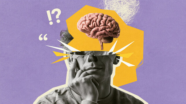 The Cognitive Overload: An artistic representation of a man's mind overloaded with thoughts, symbols of confusion, and a prominent brain, signifying deep thought and mental processes.
