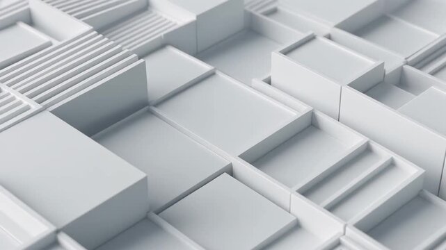 White 3D geometric blocks video. Moving cubic grid pattern with minimalist squares and rectangular shapes. Clean architectural animation for technology and corporate digital presentation media.