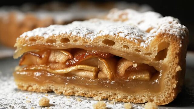 Perfect cross-section view of a golden apple pie slice topped with sweet powdered sugar, highlighting the caramelized layers and flaky crust for dessert menus.