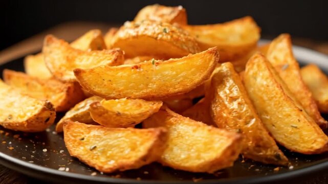 Heap of crispy, golden-brown seasoned potato wedges served on a dark plate, focusing on the texture and savory spices in a close-up shot suitable for menus and restaurant promotion.