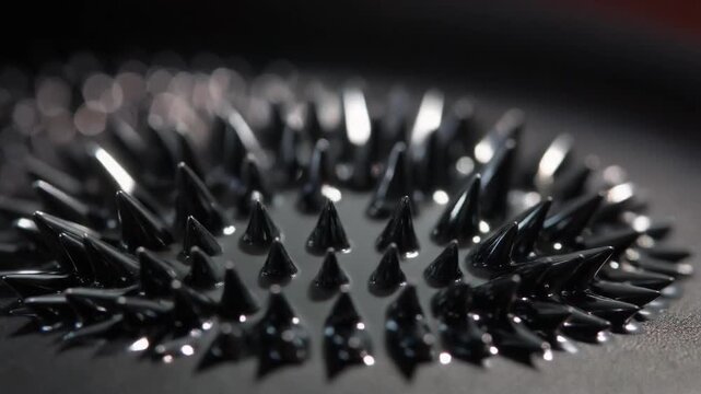 Ferrofluid magnetic spikes macro video. Dark black liquid reacting to magnet force forming sharp peaks. Abstract scientific footage for technology, physics, and nanotech research concepts now.