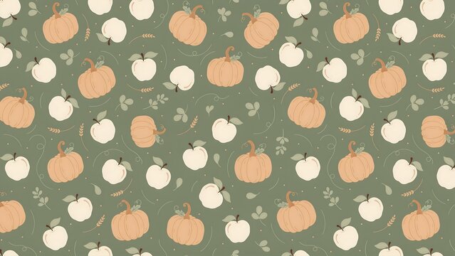 Seamless pattern with light orange pumpkins and white apples on a muted green background
