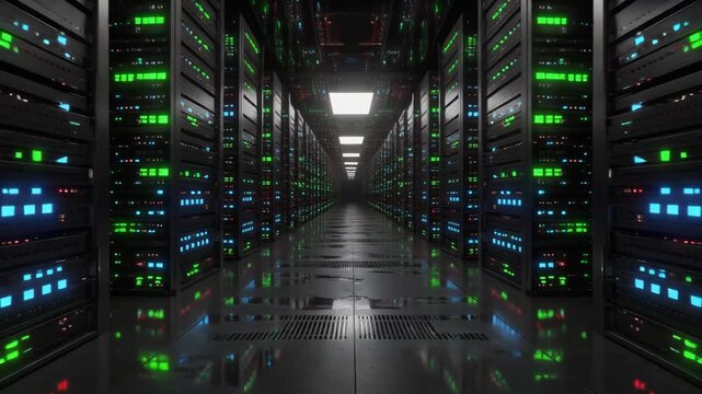 Data center server room. Symmetrical rows of black computer racks with flashing green and blue LED lights on a reflective floor. Futuristic technology for cloud computing and big data storage.