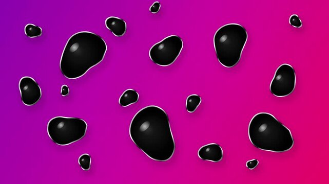 Abstract liquid metal blobs with chrome outlines on purple gradient background. Glossy black organic shapes with metallic silver edges. Futuristic fluid motion design for creative video. High