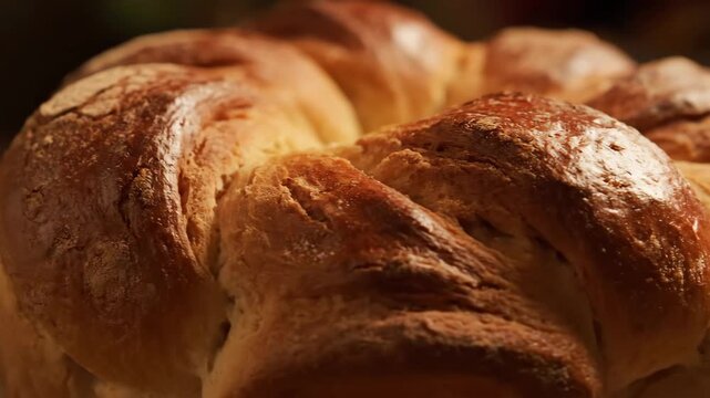 Delicious freshly baked braided bread (challah or cozonac style) close up, highlighting the golden brown texture and warm, artisanal crust in soft lighting.