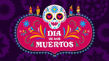 Obraz na płótnie Canvas Day of the Dead Dia de Los Muertos Mexican holiday banner. Vector festive ornamental background with calavera sugar skull with heart shaped eyes, candles, floral ornament and traditional lettering
