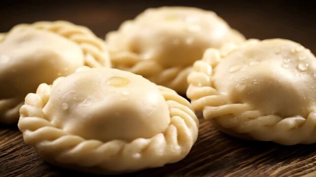 Close-up of traditional raw Empanadas or South American Dumplings with meticulously crimped dough edges resting on a dark rustic wooden surface, ready for cooking and baking.