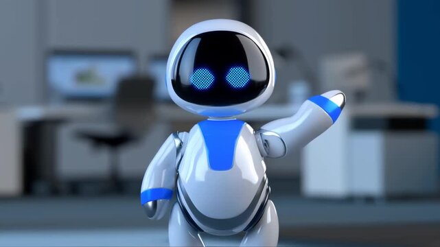Small humanoid robot animation. Digital white bot waves hand and nods in modern blurred office setting. Futuristic artificial intelligence 3D character for technology and automation concepts.