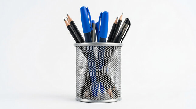 A cylindrical mesh cup filled with assorted writing instruments including pencils and pens, ready for use on a white background