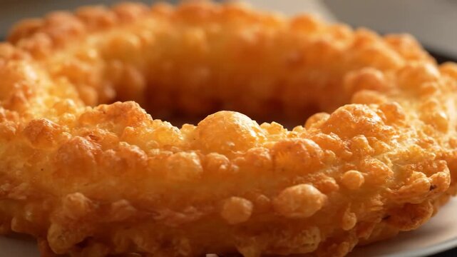 Extreme close-up macro shot of a large, crispy, golden deep-fried onion ring showing detailed crunchy batter texture, symbolizing fast food and appetizers.
