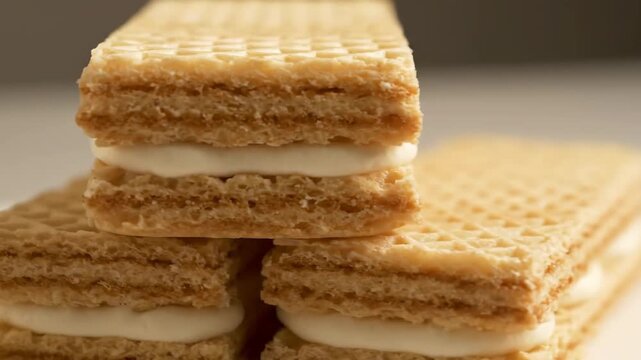 Macro close-up shot of crispy rectangular wafer cookies stacked high with sweet white vanilla or milk cream filling, highlighting the golden texture of the dessert snack.