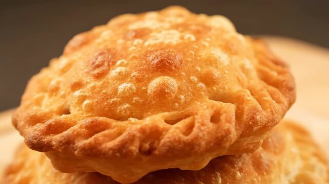 Macro Close-up of Golden Crispy Deep Fried Cheburek or Empanada Pastry Stacked on Wooden Board