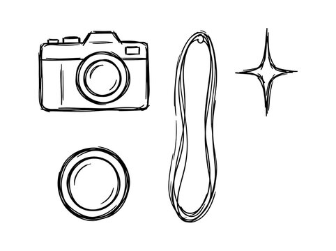 Hand drawn camera lens and strap with sparkle icon for photography concept