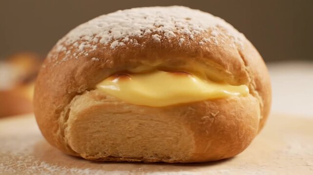 Golden baked pastry filled with rich custard cream and topped with white powdered sugar, perfect for a sweet dessert or snack.