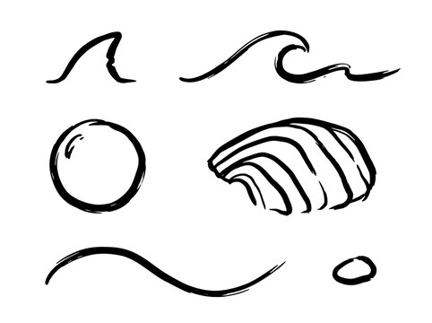 Hand drawn wave and seashell elements on white background