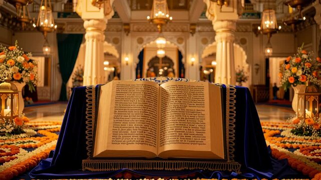 Sacred scripture displayed on a decorated altar during religious event
