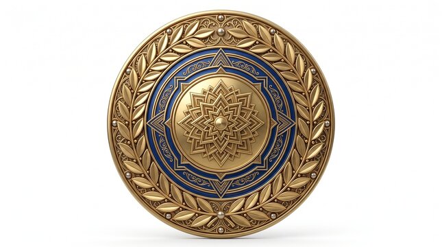 Ornate circular golden shield with intricate floral patterns and laurel leaf border isolated on white background.