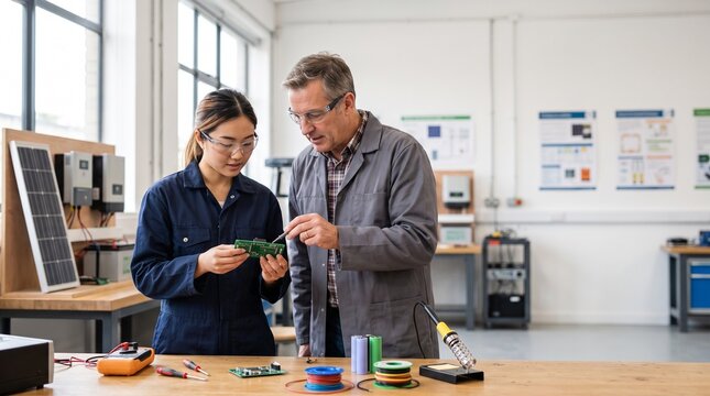 Engineering mentor teaching young technician to inspect circuit board in electronics laboratory